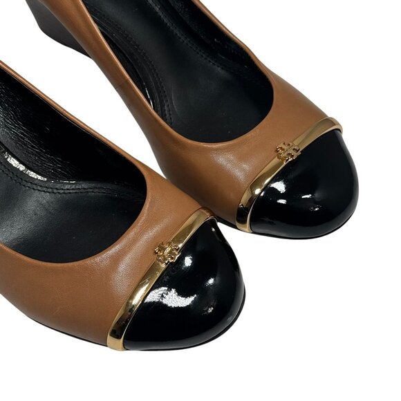 Tory Burch Womens 7.5 Pacey Wedge Pump Shoe Cap Toe Tan Leather - Picture 8 of 11